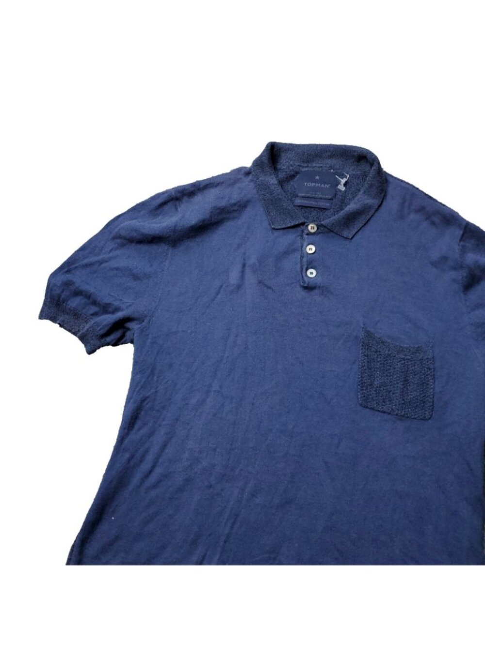 TOPMAN Shirt Mens S Small Pima Cotton Polo Blue Short Sleeve Pocket Net Cuffed